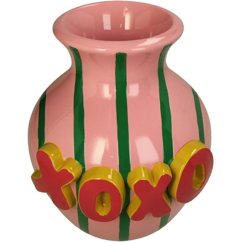 Polyresin Vase Pink with Green Stripes