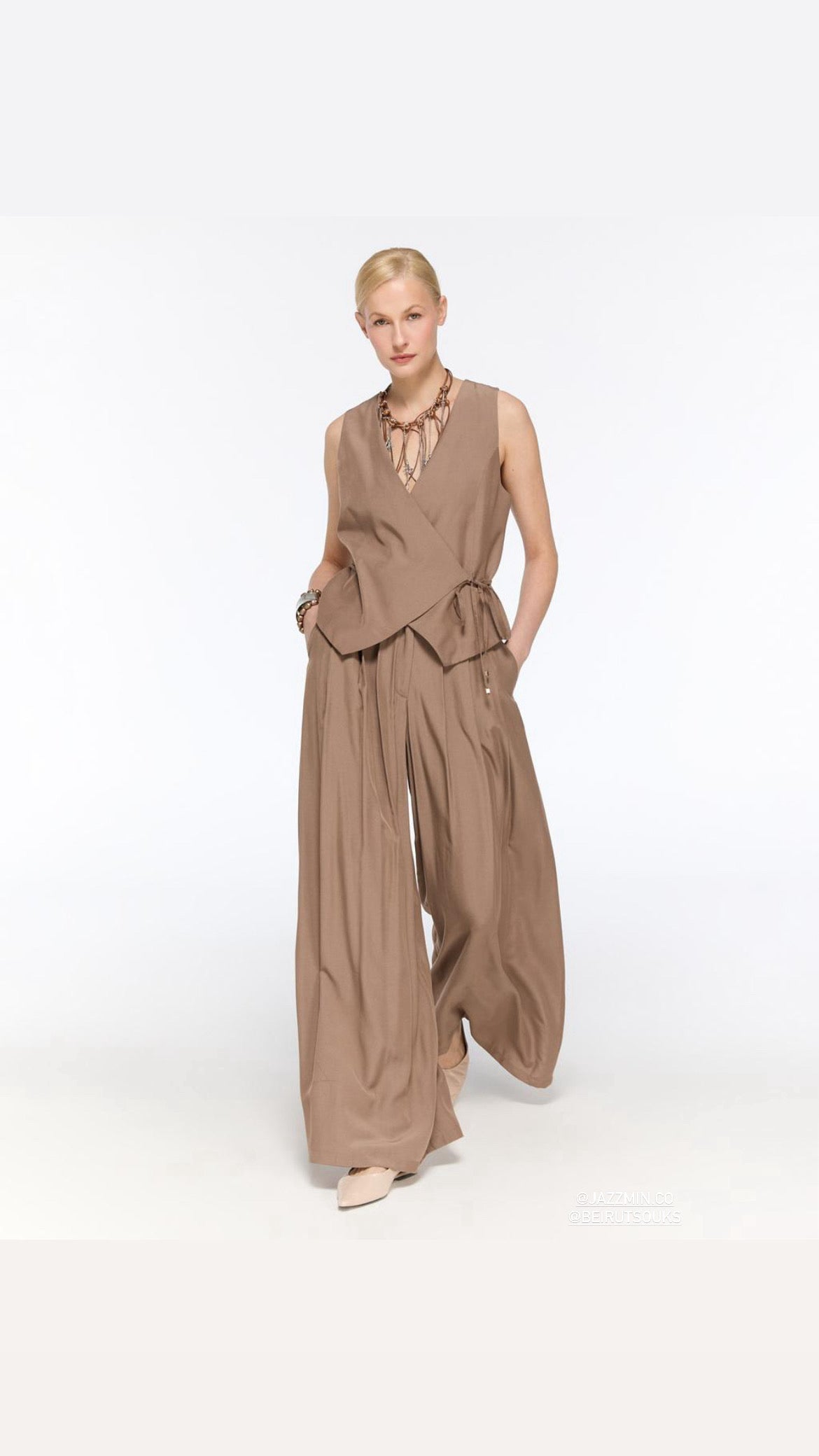 Mocha wrap vest and voluminous trousers set