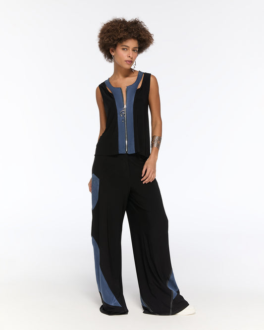 Black sleeveless set with blue architectural panels