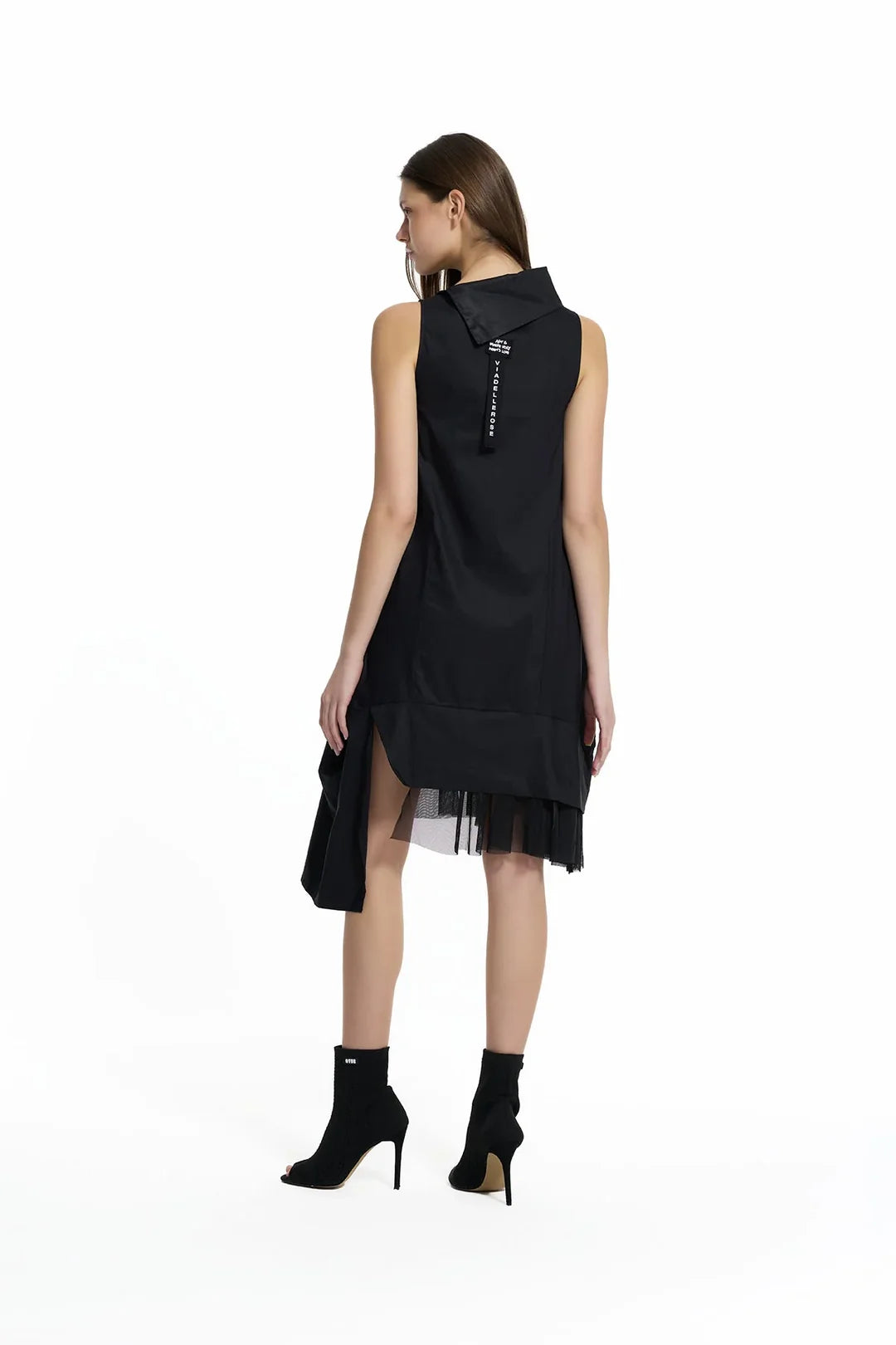 Black Asymmetric Tulle Detail Midi Dress