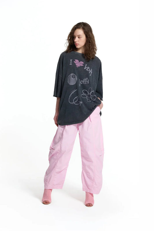 Black Graphic Print Washed Oversize Tunic