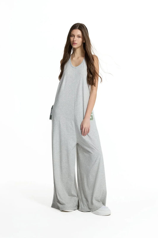 Grey Melange Wide Leg Relaxed Fit Jumpsuit