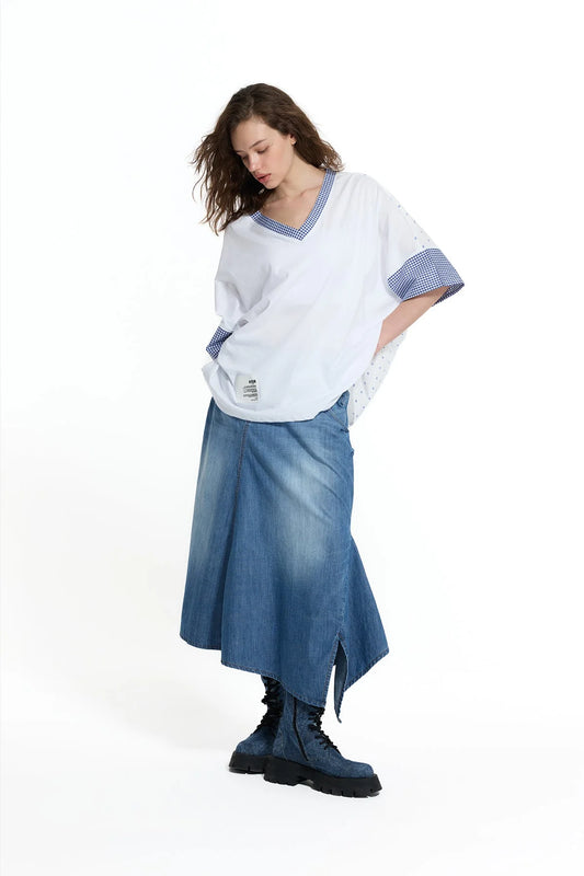 White Blue V Neck Vdr Print Oversized T-Shirt