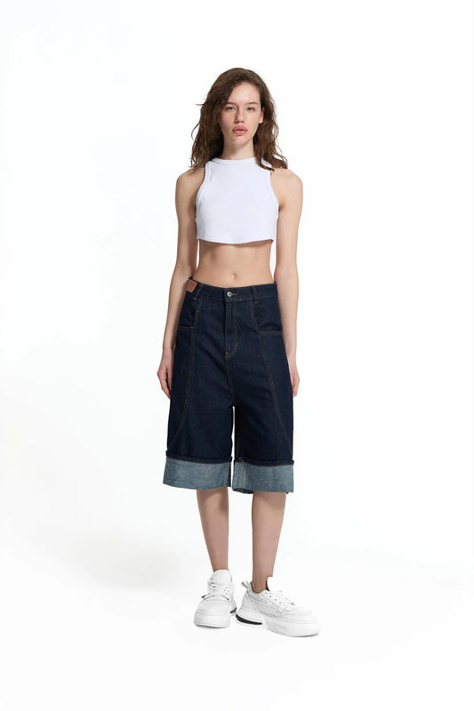 Blue Folded Hem Loose Fit Denim Bermuda Shorts