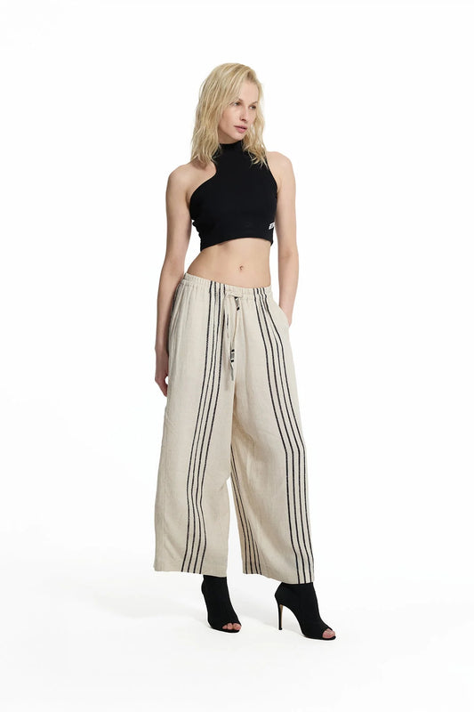 Beige Black Striped Linen Blend Wide-leg Trousers