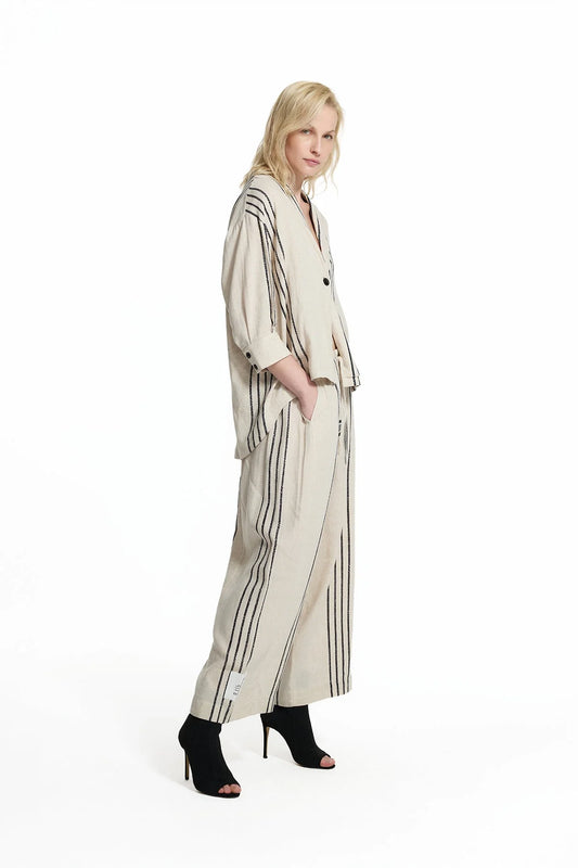 Beige Black Striped Linen Shirt Jacket
