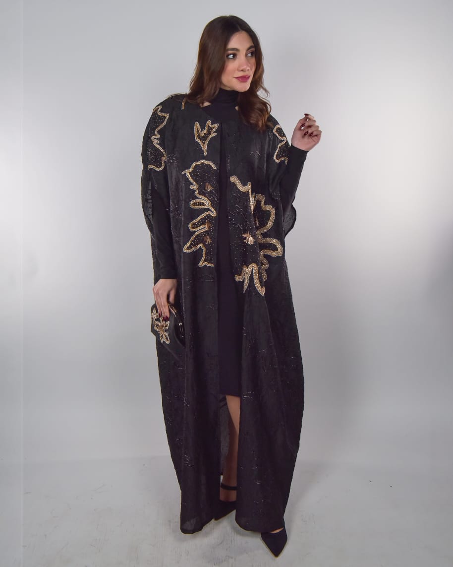 Black Abaya with Silver and Bronze Embroidery
