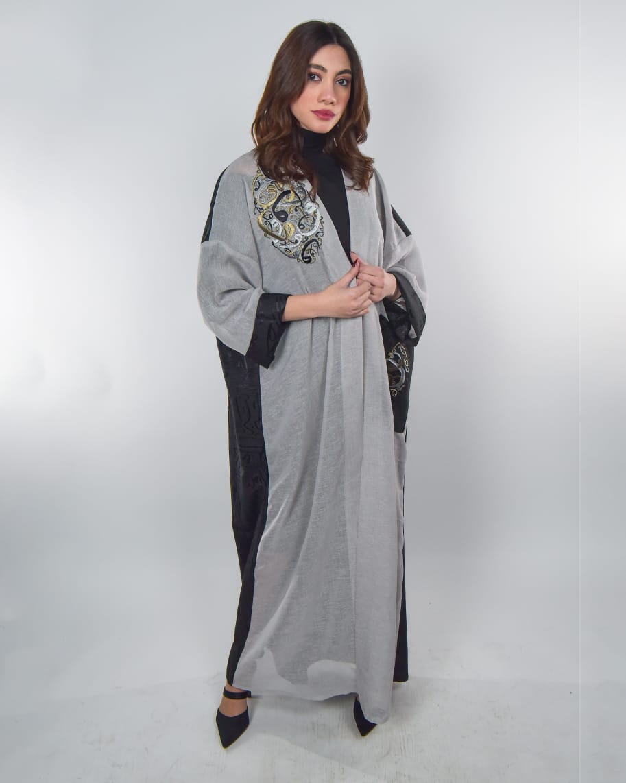 Grey and Black Abaya with Arabic Calligraphy