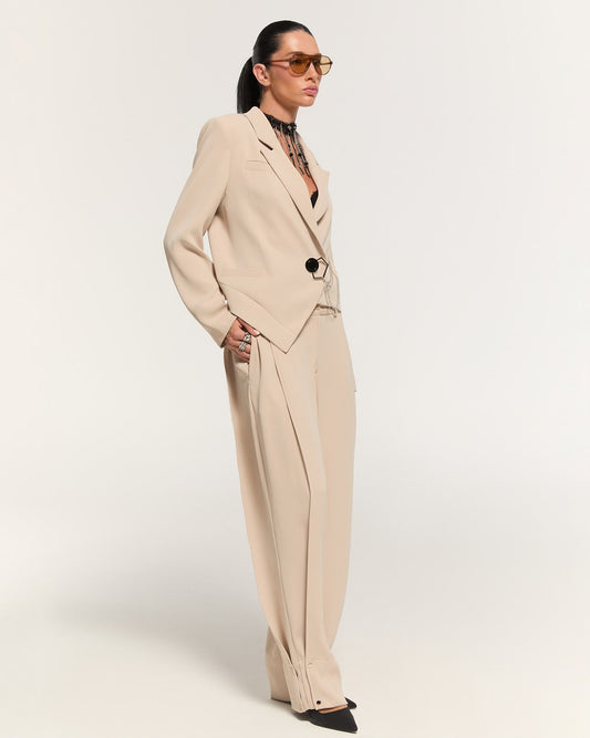 Beige asymmetric blazer and trouser set