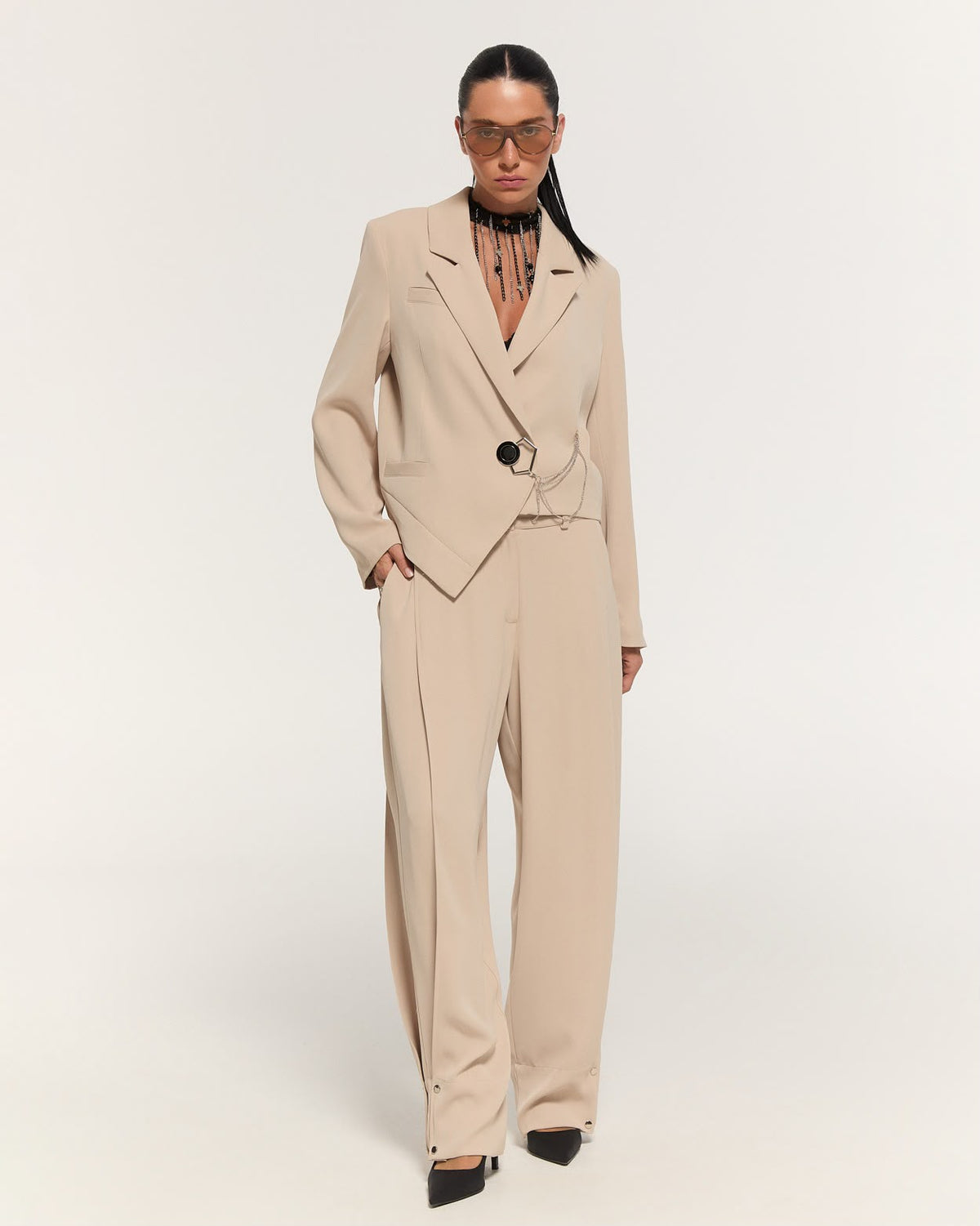 Beige asymmetric blazer and trouser set