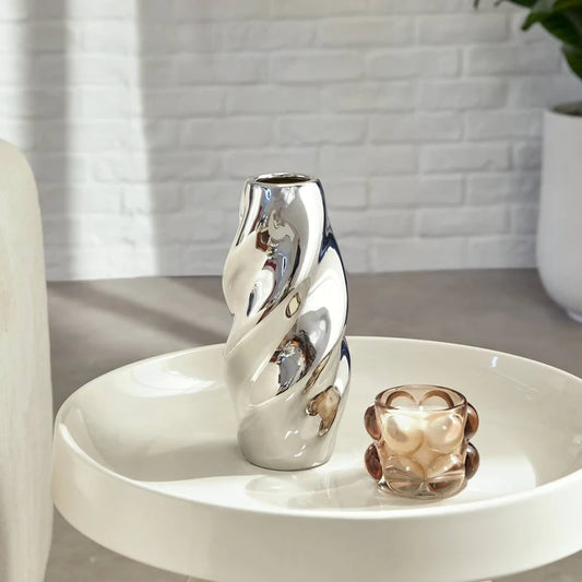 "Sky" Vase - Twisted Glazed Dolomite Ceramic, Mirror Silver