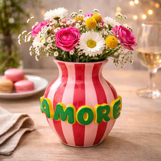 Polyresin Vase Pink with Green Stripes