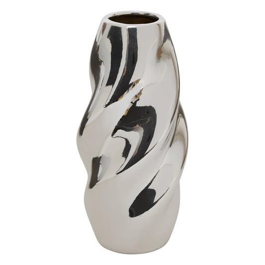 "Sky" Vase - Twisted Glazed Dolomite Ceramic, Mirror Silver
