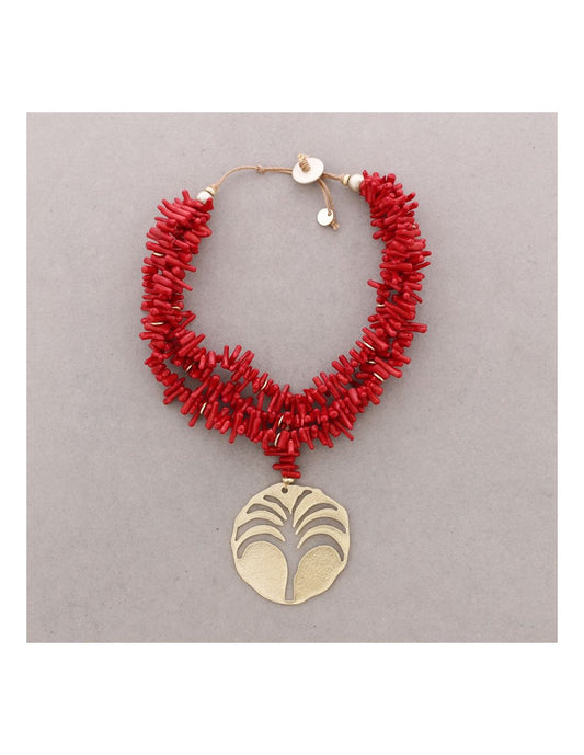 RED TRIPLE RESIN BEAD NECKLACE WITH A PALM TREE MEDAL PENDANT AND METAL