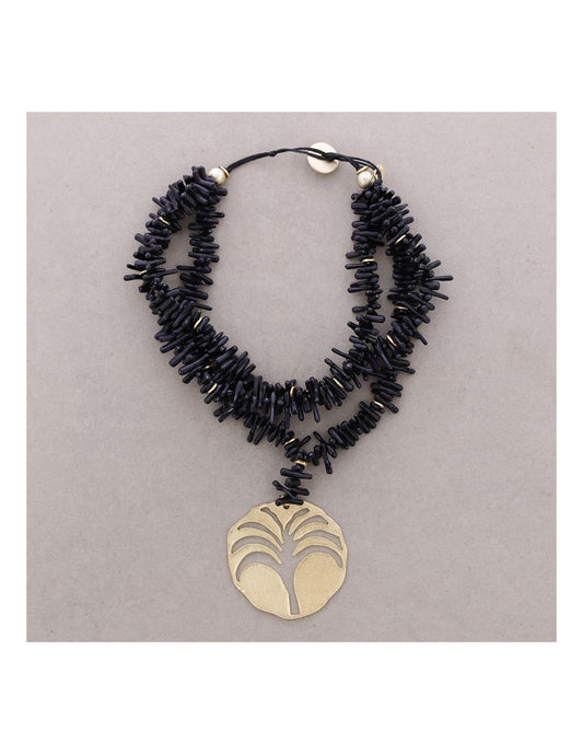 BLACK TRIPLE RESIN BEAD NECKLACE WITH A PALM TREE MEDAL PENDANT AND METAL