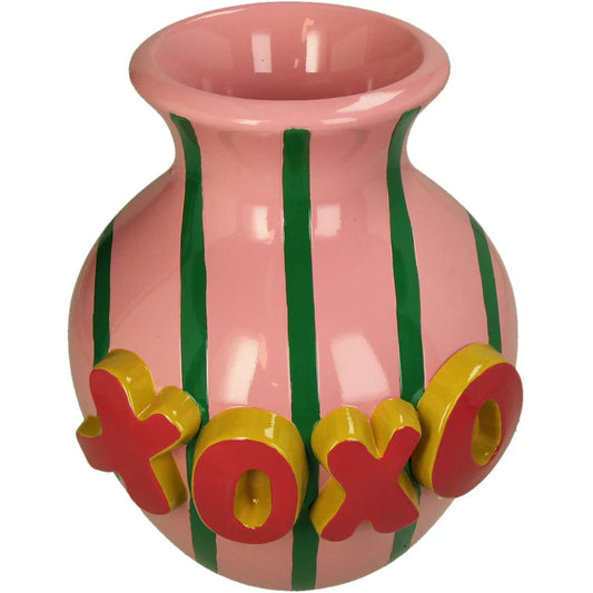 Polyresin Vase Pink with Green Stripes