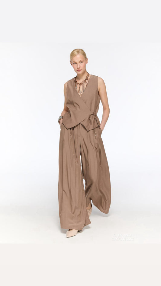 Mocha wrap vest and voluminous trousers set