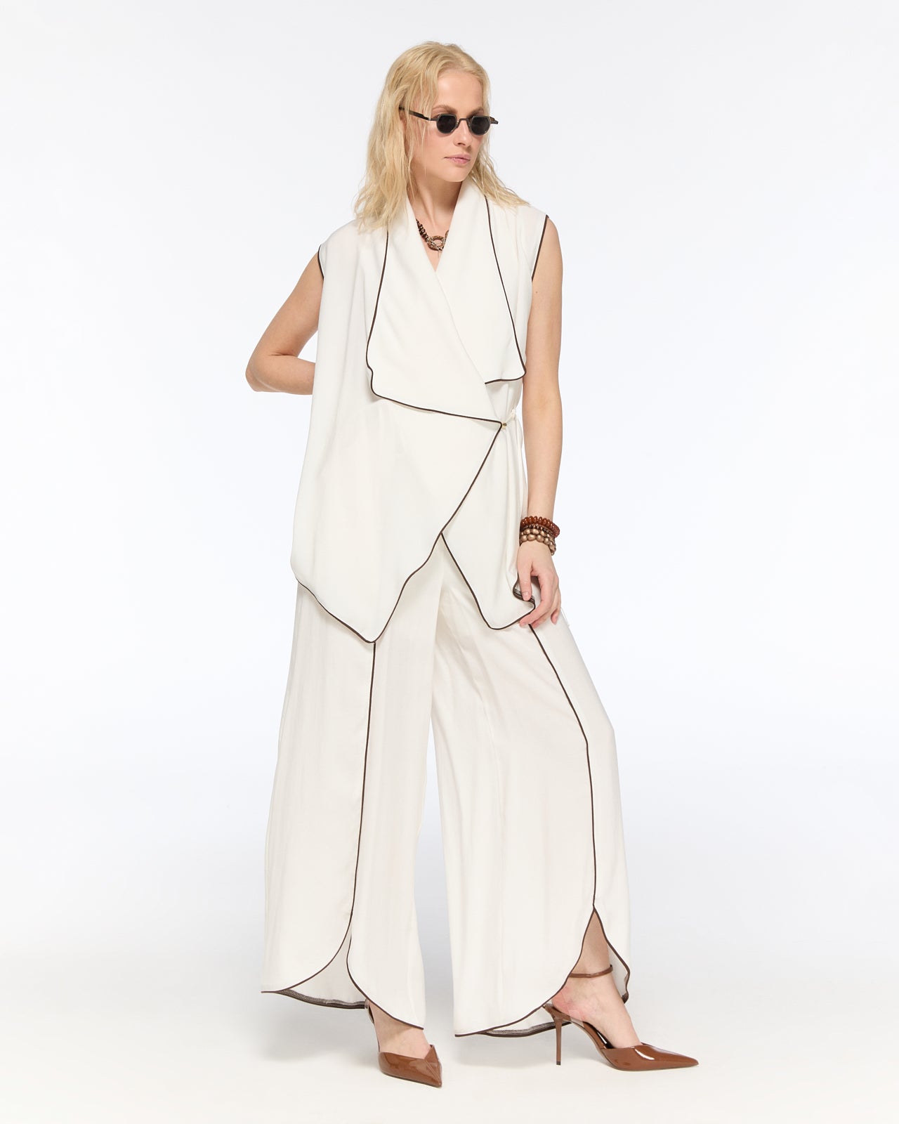 White piped wrap vest and trousers