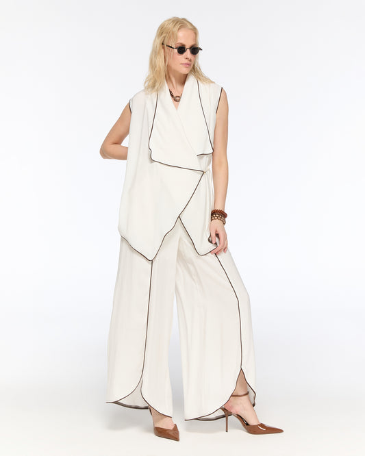 White piped wrap vest and trousers
