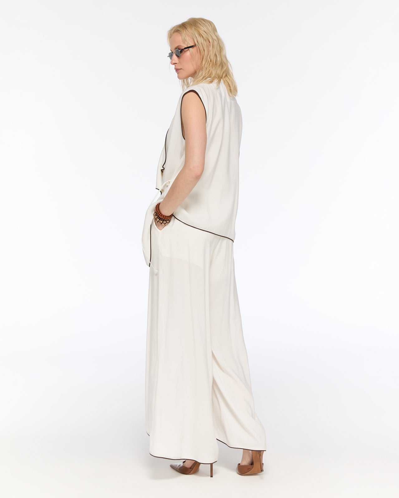 White piped wrap vest and trousers