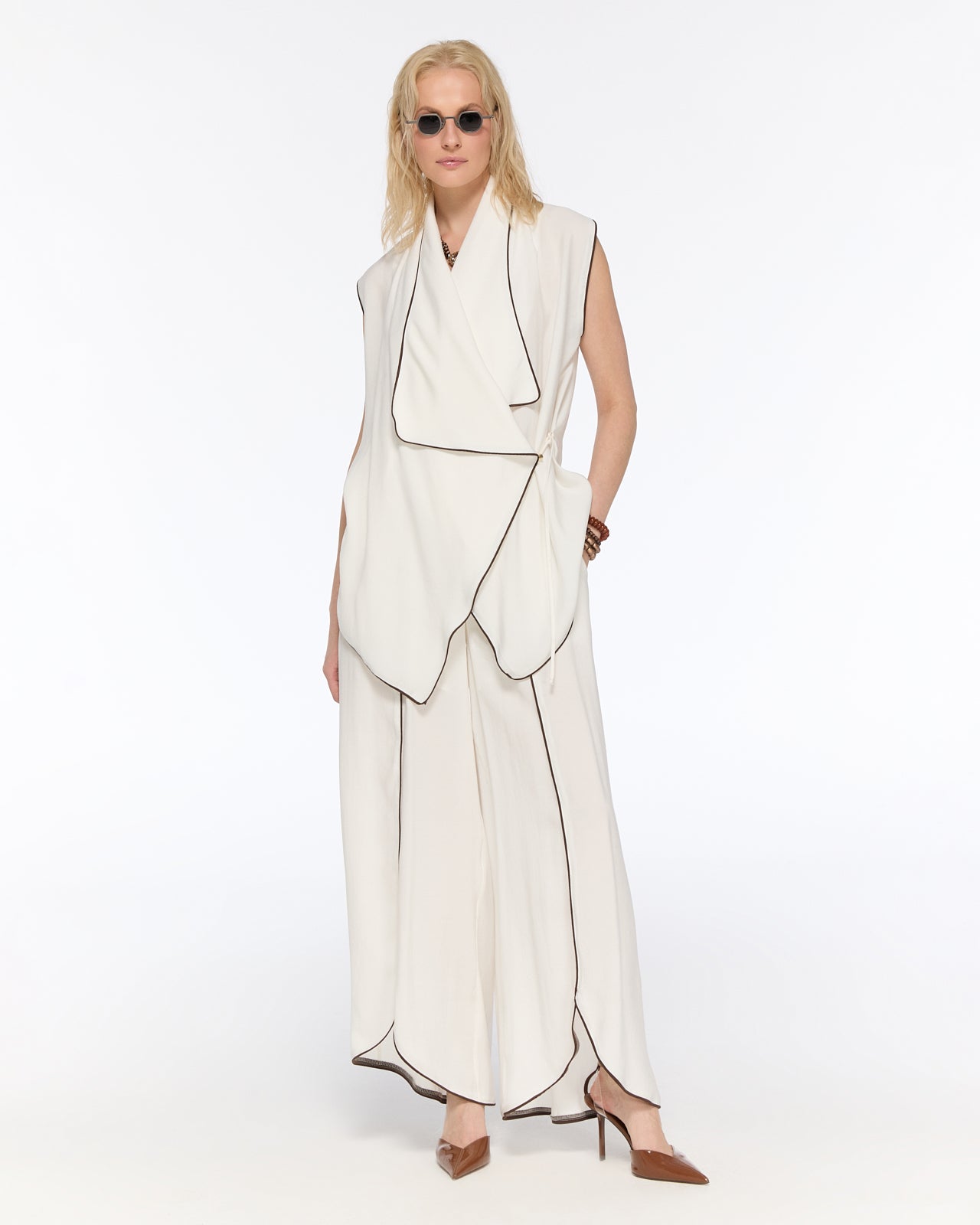 White piped wrap vest and trousers