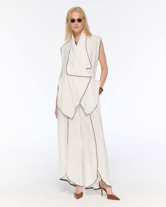 White piped wrap vest and trousers