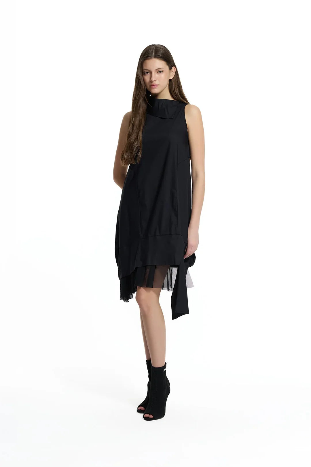 Black Asymmetric Tulle Detail Midi Dress