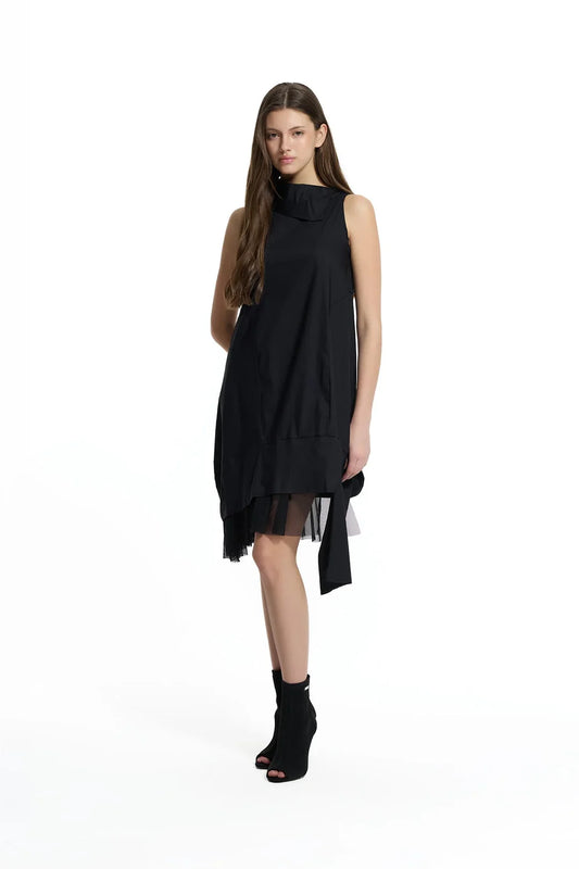 Black Asymmetric Tulle Detail Midi Dress