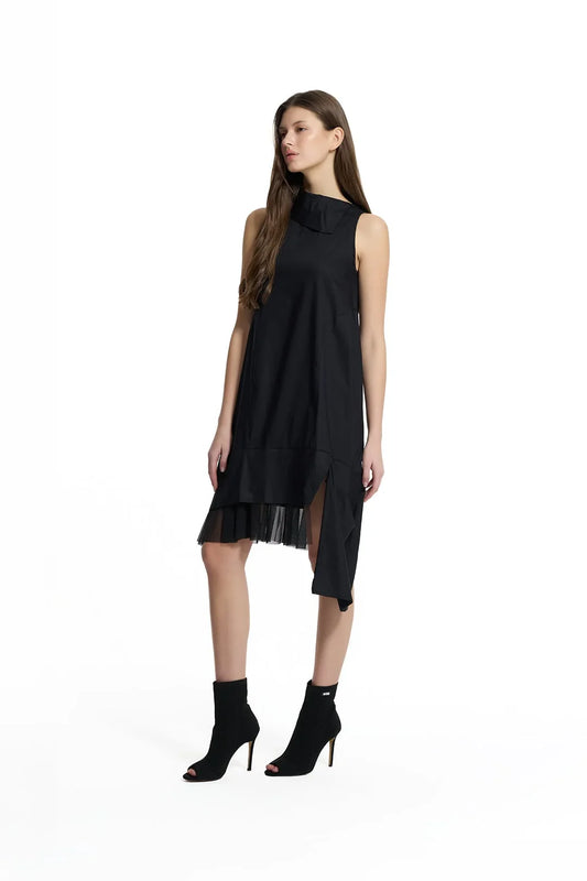 Black Asymmetric Tulle Detail Midi Dress