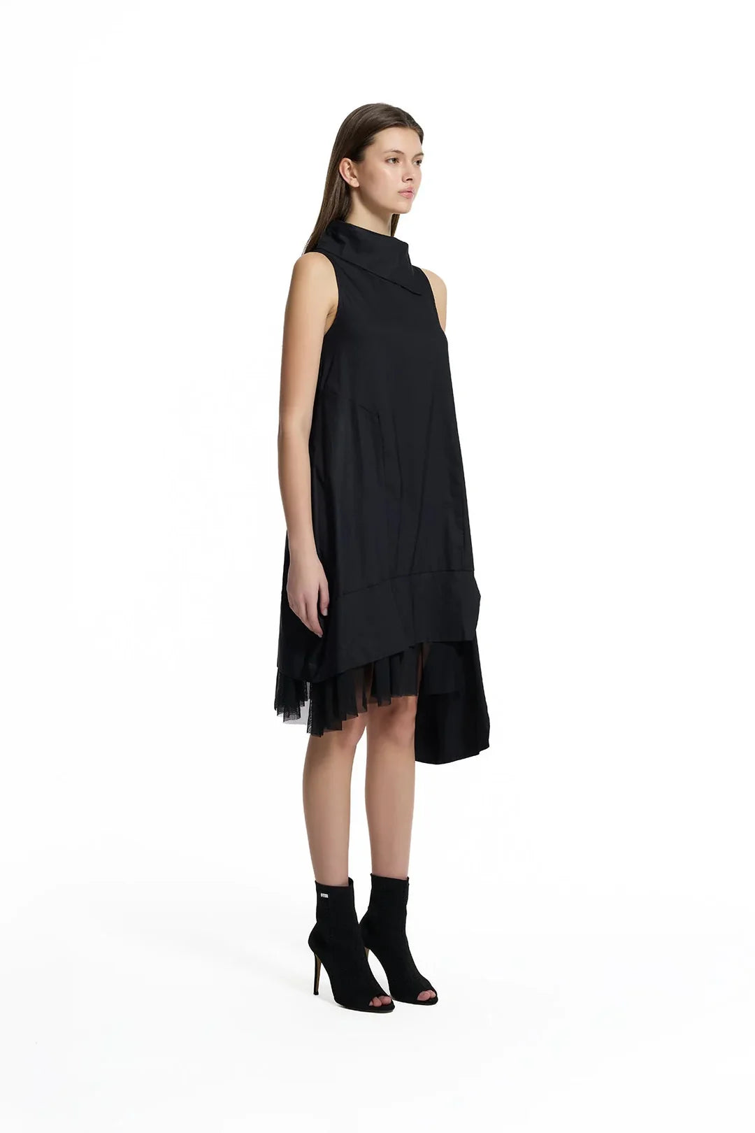Black Asymmetric Tulle Detail Midi Dress