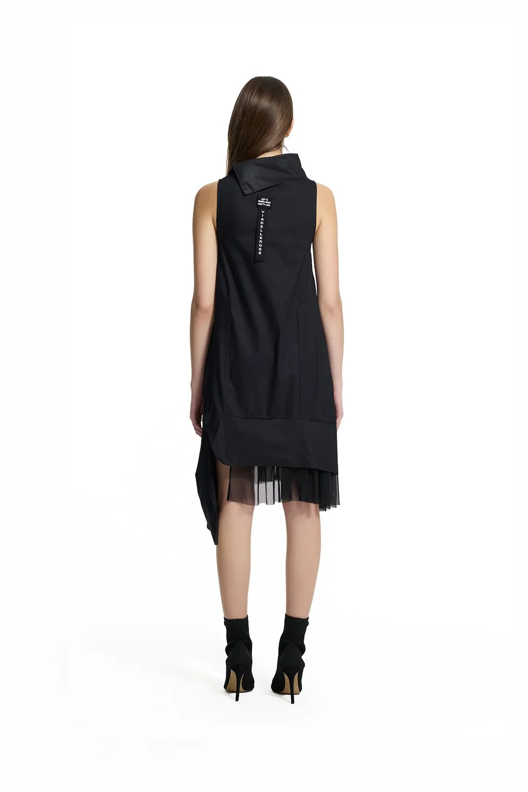 Black Asymmetric Tulle Detail Midi Dress