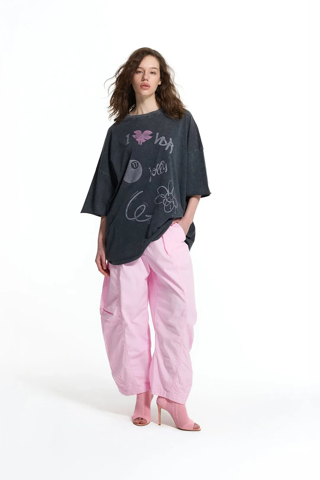 Black Graphic Print Washed Oversize Tunic
