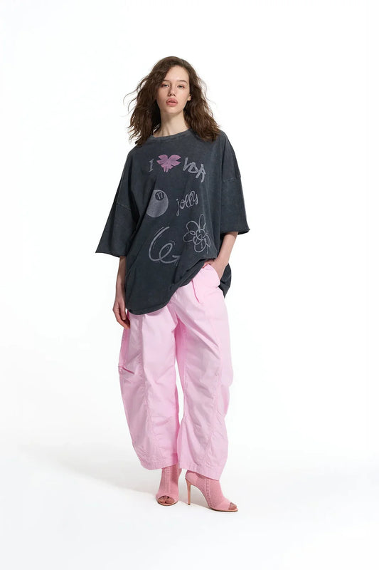 Black Graphic Print Washed Oversize Tunic