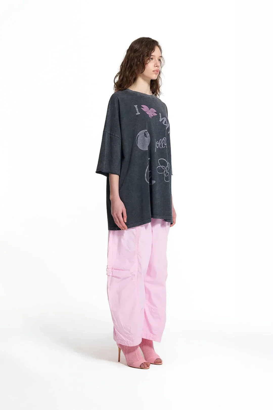 Black Graphic Print Washed Oversize Tunic