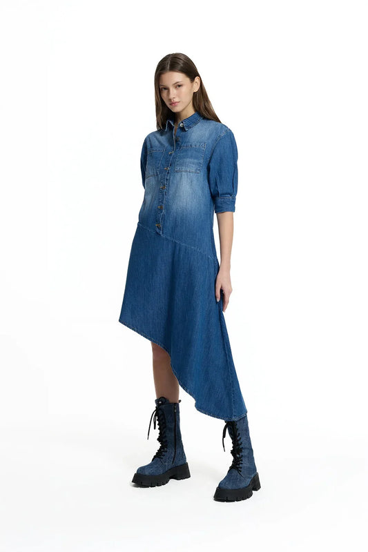 Blue Asymmetric Denim Shirt Dress