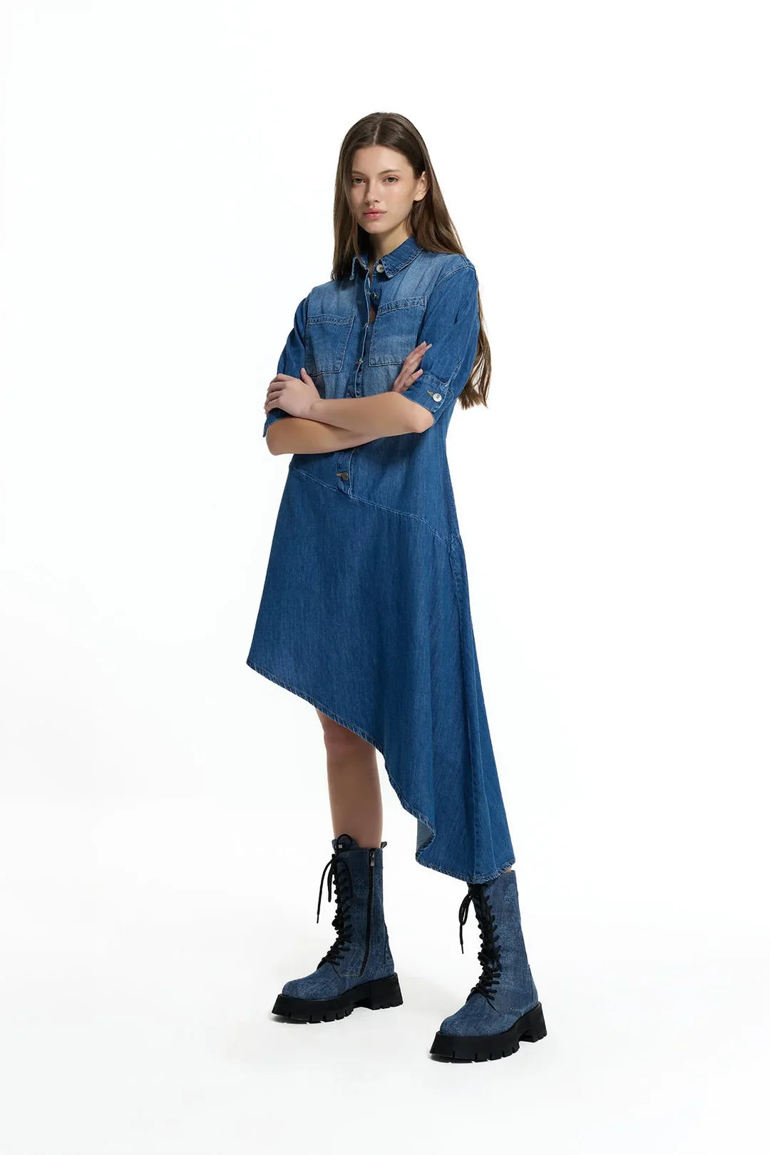 Blue Asymmetric Denim Shirt Dress