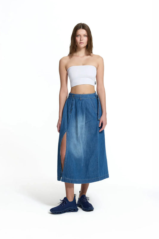 Blue Belted Culotte Denim Skirt
