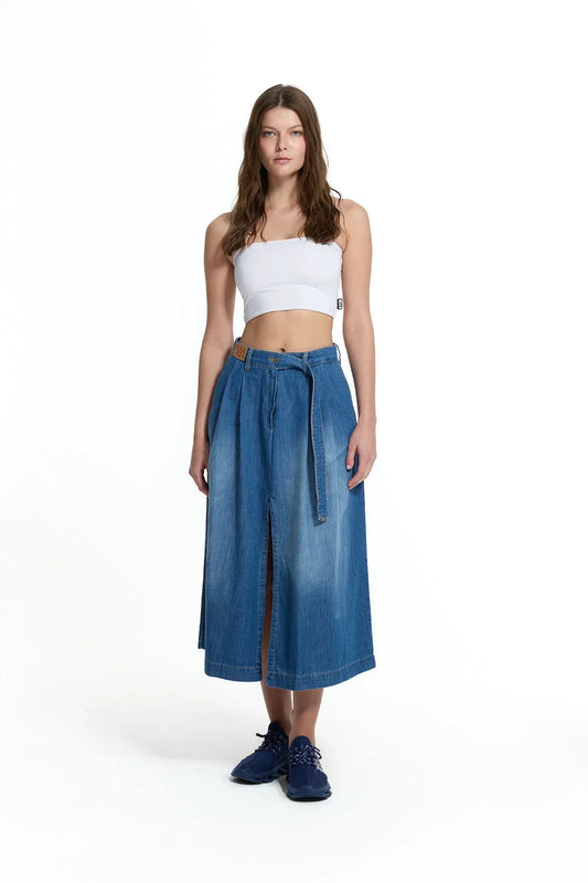 Blue Belted Culotte Denim Skirt