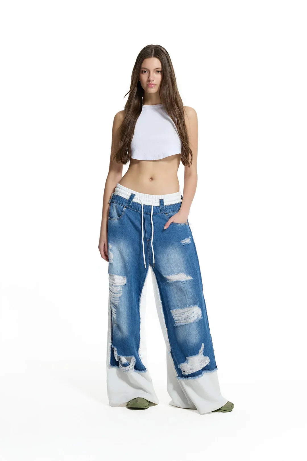 Blue Off White Contrast Fabric Distressed Denim Wide Leg Trousers