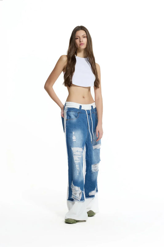 Blue Off White Contrast Fabric Distressed Denim Wide Leg Trousers