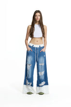 Load image into Gallery viewer, Blue Off White Contrast Fabric Distressed Denim Wide Leg Trousers
