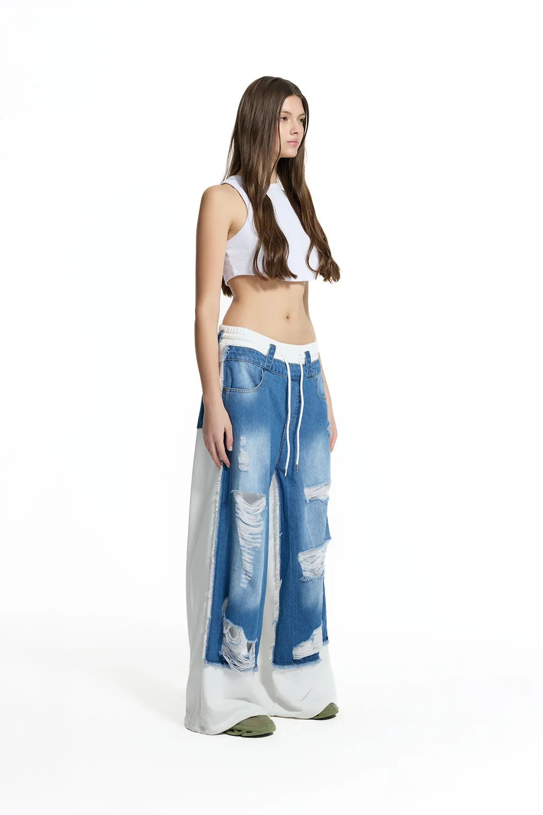 Blue Off White Contrast Fabric Distressed Denim Wide Leg Trousers