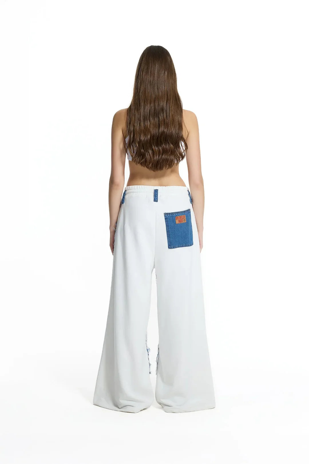 Blue Off White Contrast Fabric Distressed Denim Wide Leg Trousers