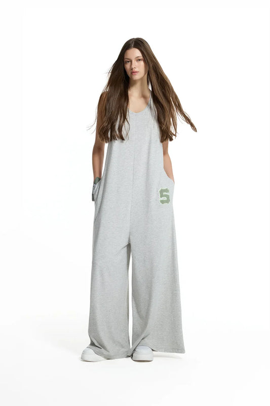 Grey Melange Wide Leg Relaxed Fit Jumpsuit