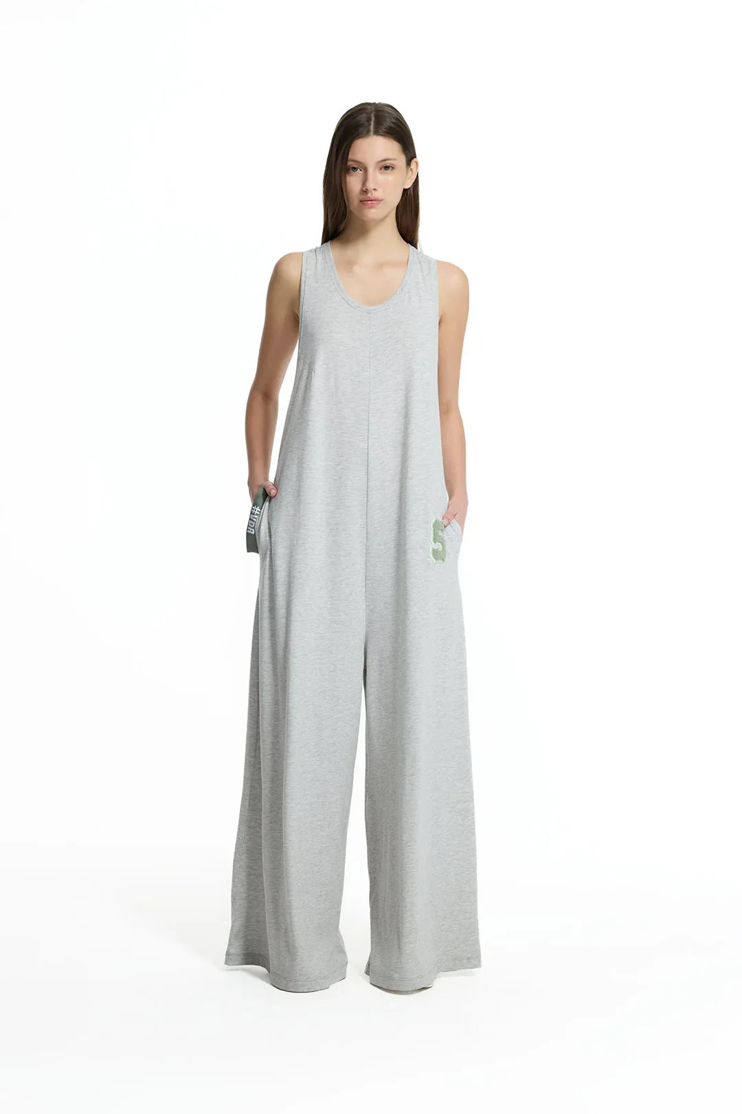 Grey Melange Wide Leg Relaxed Fit Jumpsuit