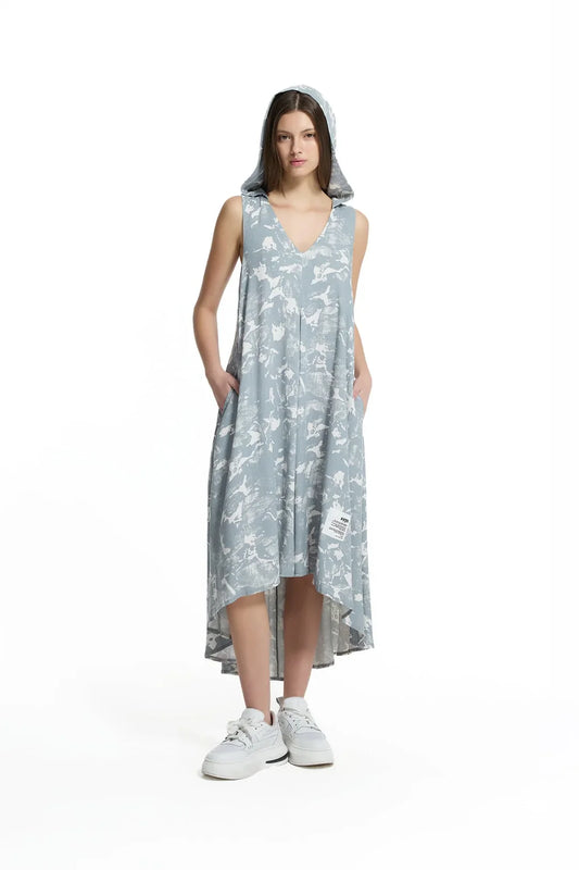 Grey Off White Hooded Asymmetric Printed Midi Dress