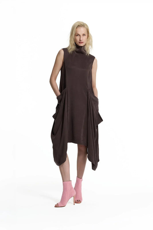 Brown Draped Asymmetric Dress