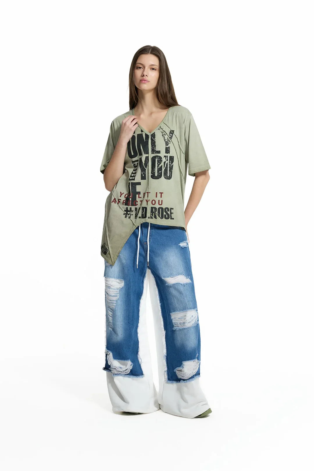 Khaki Graphic Asymmetric T-shirt