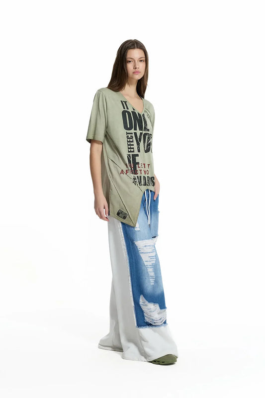 Khaki Graphic Asymmetric T-shirt