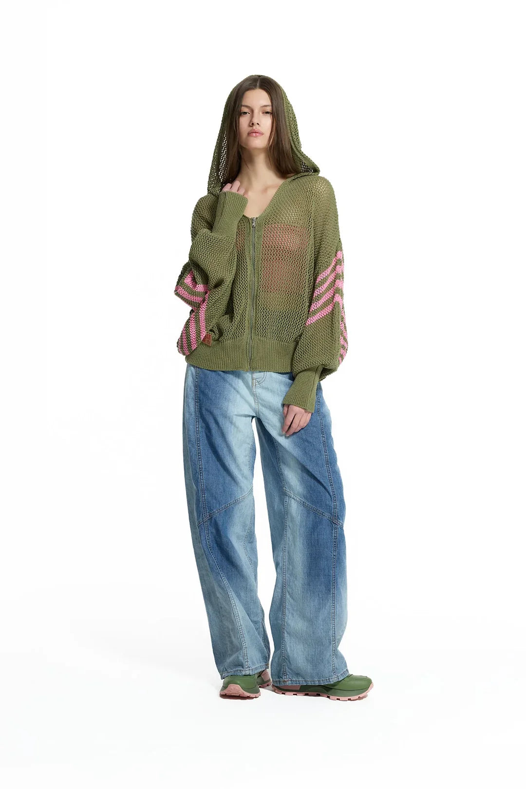 Khaki Pink Openwork Stripe Knit Sweater